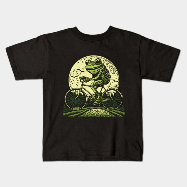 Cottagecore Frog Riding Bicycle Kids T-Shirt by Apocatnipse Meow